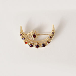 Vintage 14K Gold Crescent Moon and Star Garnet Brooch