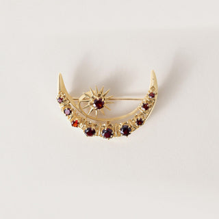 Vintage 14K Gold Crescent Moon and Star Garnet Brooch