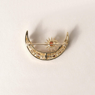 Vintage 14K Gold Crescent Moon and Star Garnet Brooch