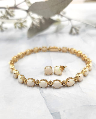 Vintage 14K Gold White Opal Bracelet and Stud Earrings Set