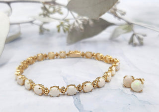 Vintage 14K Gold White Opal Bracelet and Stud Earrings Set