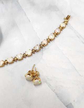 Vintage 14K Gold White Opal Bracelet and Stud Earrings Set