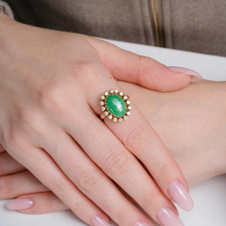 Vintage 13K Gold 4.50 Carat Jade Oval Cut Cabochon and Diamond Halo Ring
