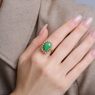 Vintage 13K Gold 4.50 Carat Jade Oval Cut Cabochon and Diamond Halo Ring