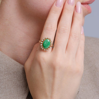 Vintage 13K Gold 4.50 Carat Jade Oval Cut Cabochon and Diamond Halo Ring