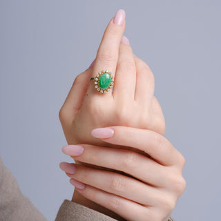 Vintage 13K Gold 4.50 Carat Jade Oval Cut Cabochon and Diamond Halo Ring
