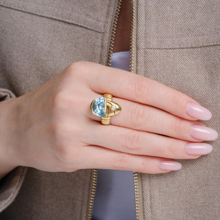 Vintage Modernist 5 Carat Aquamarine Half Moon Cabochon & Diamond 18k Gold Ring
