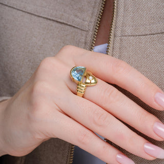 Vintage Modernist 5 Carat Aquamarine Half Moon Cabochon & Diamond 18k Gold Ring