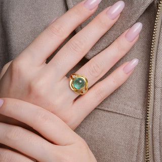 Vintage 18K Gold 3CT Emerald Cabochon & Diamond Split Shank Cocktail Ring