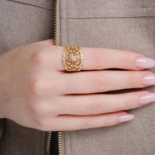 Vintage 14K Gold 0.50 Carat Diamond Cluster Open Filigree Cocktail Ring Band