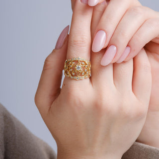 Vintage 14K Gold 0.50 Carat Diamond Cluster Open Filigree Cocktail Ring Band