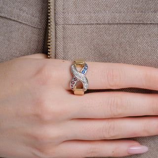 Vintage 1970s 13.4K Two-Tone Gold Diamond Ruby and Sapphire X Infinity Ring Band