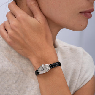 Art Deco Ladies Rolex 9K Gold Tonneau Shape on Black Thin Leather Strap