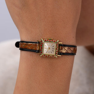 Vintage 1950's Gübelin 18K Yellow Gold & Enamel Watch with Silver Satin Dial