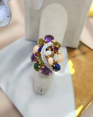 14K Gold Multi Color Natural Gemstone and Diamond Cocktail Statement Ring