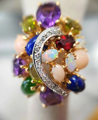 14K Gold Multi Color Natural Gemstone and Diamond Cocktail Statement Ring