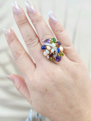 14K Gold Multi Color Natural Gemstone and Diamond Cocktail Statement Ring