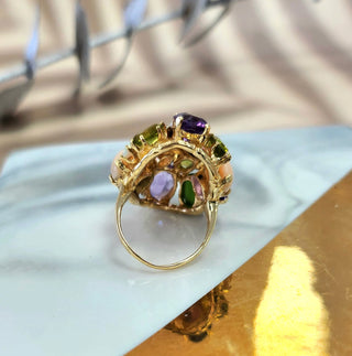 14K Gold Multi Color Natural Gemstone and Diamond Cocktail Statement Ring