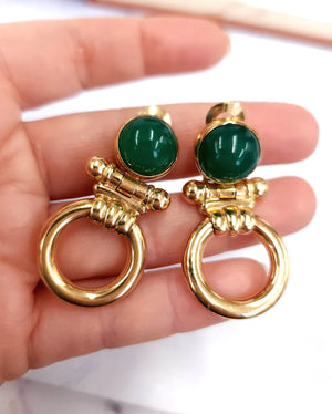 14K Yellow Gold Italian Chrysoprase Door Knocker Dangle Clip-On Earrings