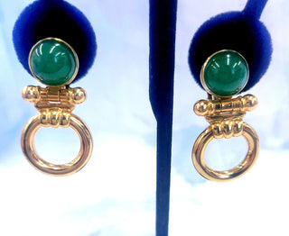 14K Yellow Gold Italian Chrysoprase Door Knocker Dangle Clip-On Earrings