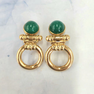14K Yellow Gold Italian Chrysoprase Door Knocker Dangle Clip-On Earrings