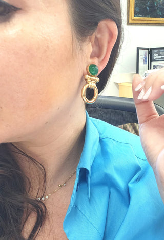 14K Yellow Gold Italian Chrysoprase Door Knocker Dangle Clip-On Earrings