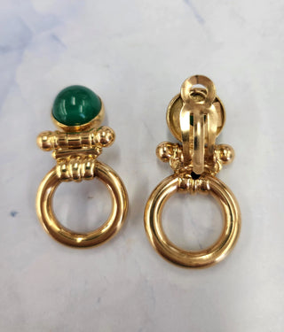 14K Yellow Gold Italian Chrysoprase Door Knocker Dangle Clip-On Earrings