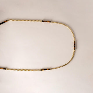 Vintage 1970s Tiger's Eye Gemstone Long  Station Chain Necklace 14K Yellow Gold