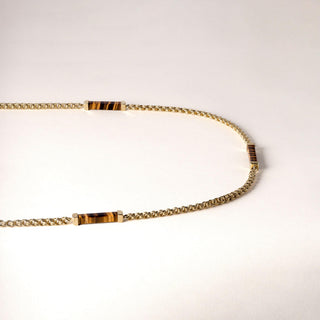 Vintage 1970s Tiger's Eye Gemstone Long  Station Chain Necklace 14K Yellow Gold