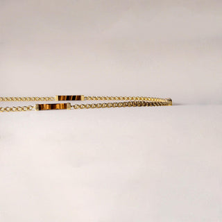 Vintage 1970s Tiger's Eye Gemstone Long  Station Chain Necklace 14K Yellow Gold