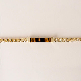 Vintage 1970s Tiger's Eye Gemstone Long  Station Chain Necklace 14K Yellow Gold