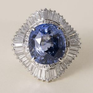 Vintage GIA Certified 11.70 CT Sapphire, 2.67 CT Diamond Platinum Ballerina Ring