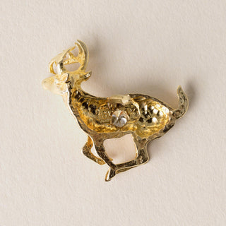 Vintage 0.10 Carat Diamond Deer Brooch Pin 14K Gold Figural Brushed Texture