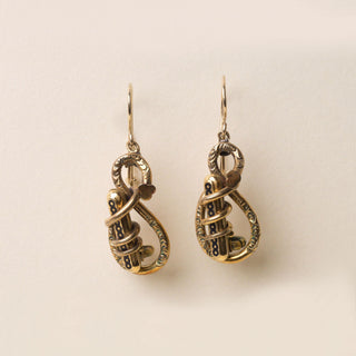 Victorian Snake Infinity Enamel Dangle Earrings 9K Gold Filigree Antique