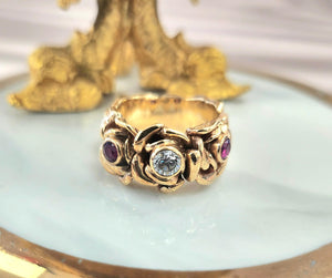 Vintage 14K Rose Gold Ruby & Diamond Roses Ring – Flower Cocktail Ring