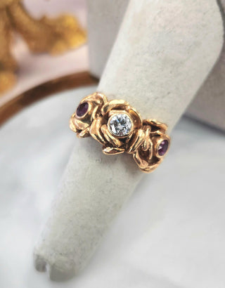 Vintage 14K Rose Gold Ruby & Diamond Roses Ring – Flower Cocktail Ring