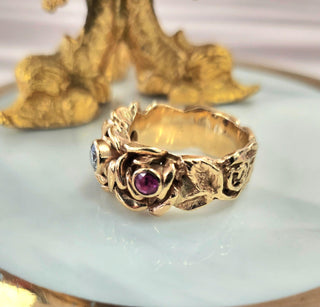 Vintage 14K Rose Gold Ruby & Diamond Roses Ring – Flower Cocktail Ring
