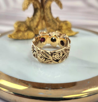 Vintage 14K Rose Gold Ruby & Diamond Roses Ring – Flower Cocktail Ring