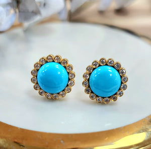 18K Yellow Gold Sleeping Beauty Arizona Turquoise Diamond Stud Earrings