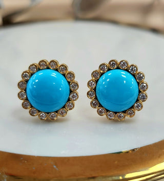 18K Yellow Gold Sleeping Beauty Arizona Turquoise Diamond Stud Earrings