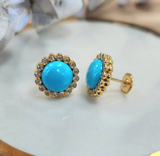 18K Yellow Gold Sleeping Beauty Arizona Turquoise Diamond Stud Earrings