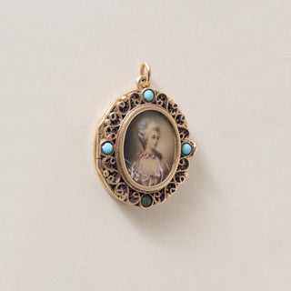 Vintage 14K Gold Lady Portrait Turquoise Locket Pendant