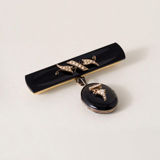 Antique Victorian Mourning Brooch Seed Pearl and Carved Onyx Locket 14K Gold