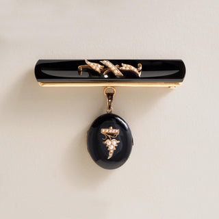 Antique Victorian Mourning Brooch Seed Pearl and Carved Onyx Locket 14K Gold