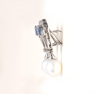 Vintage 18K White Gold Sapphire Diamond and Pearl Drop Earrings