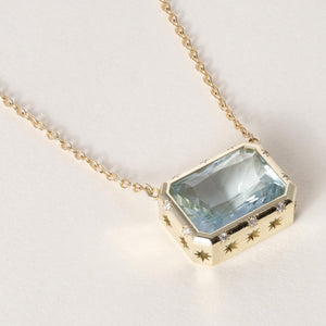 18K Gold 10ct Aquamarine and Diamond Starburst Necklace
