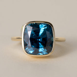 Blue Zircon 10.80 Carat Cushion Cut Bezel Setting Solid 18K Yellow Gold