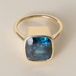Blue Zircon 10.80 Carat Cushion Cut Bezel Setting Solid 18K Yellow Gold
