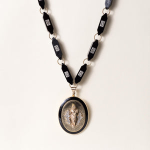 Victorian Gold Cameo Medallion Onyx and Diamond Long Chain Station Necklace