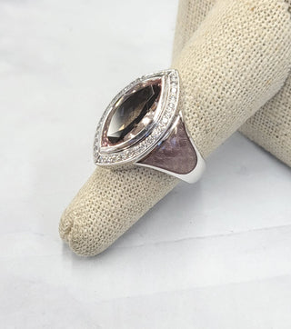 18K White Gold Marquise Morganite, Lavender Enamel and Diamond Ring